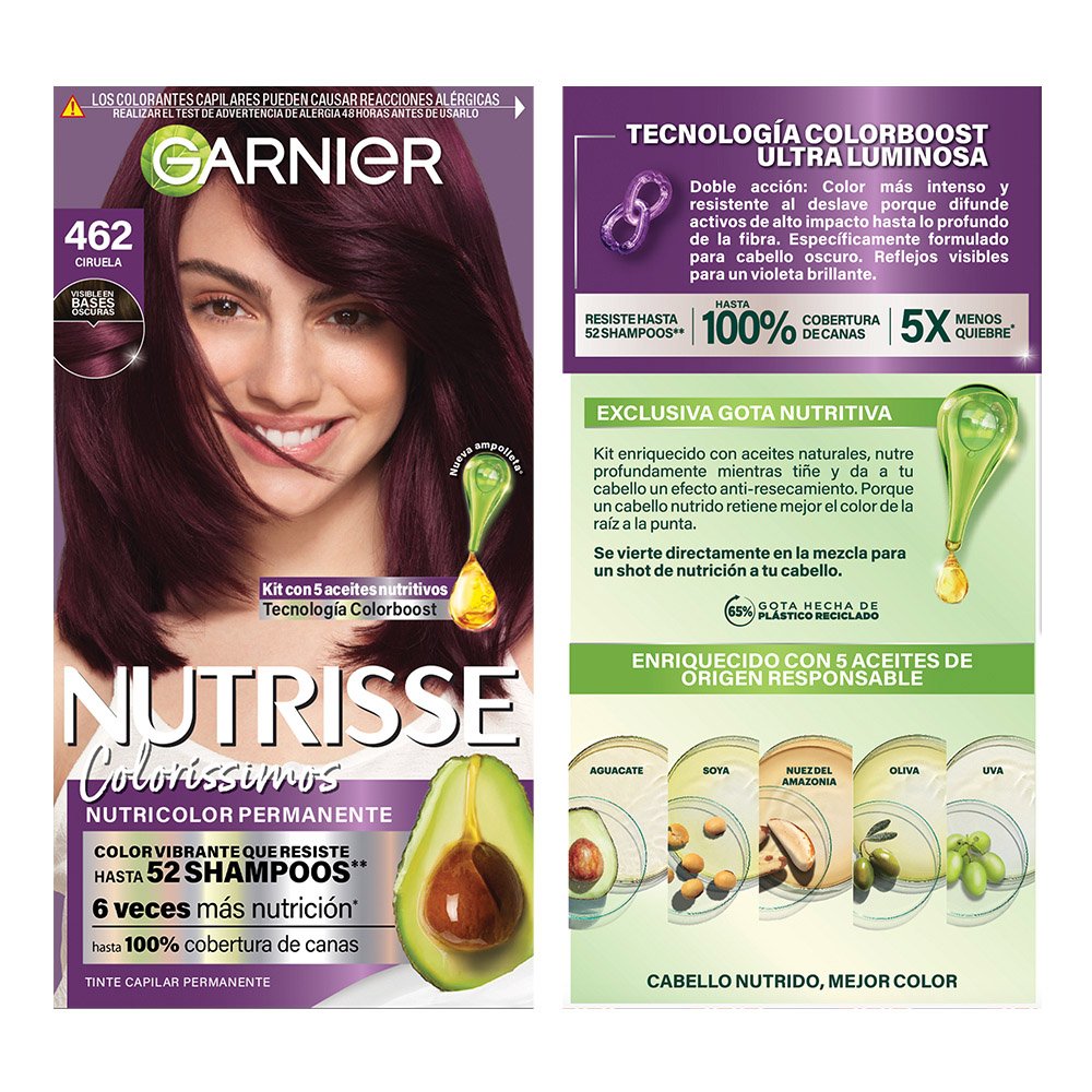 GARNIER NUTRISSE, NUTRISSE, NUTRISSE COLORÍSSIMOS, COLORACIÓN DE CABELLO, TINTE DE CABELLO, COLOR INTENSO, COLORACIÓN, FÓRMULA VEGANA, CRUELTY FREE, TONO 462, CIRUELA